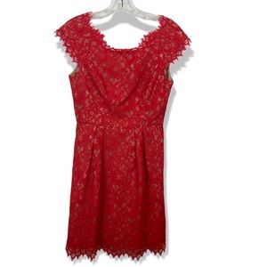 Shoshanna Red Lace Dress Cap Sleeve Scoop Neck Coral Mini Lined Women's 0